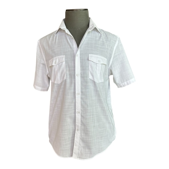 Men Shirt ALFANI Button Front Short Sleeve Shirt Regular Fit White Cotton Shirt - Picture 3 of 6